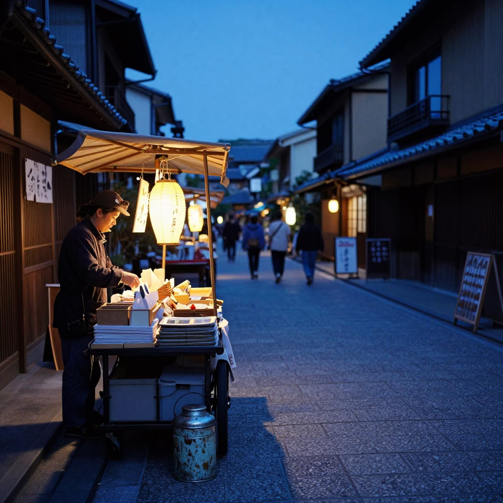 Kyoto Indigo Twilight Street Scene with Tea Tin and Porcelain Plate in in Kyoto, Japan