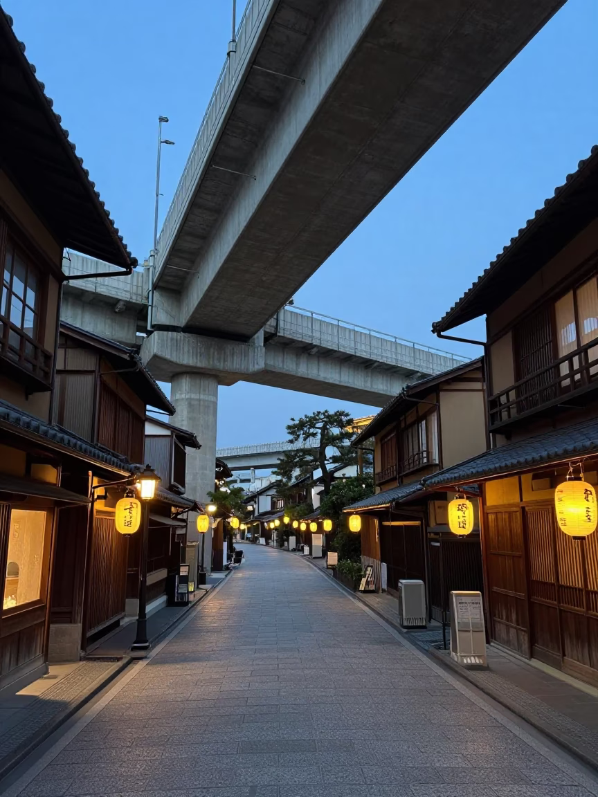Kyoto Indigo Twilight Street Scene with Traditional Lanterns and Modern Overpass in in Kyoto, Japan