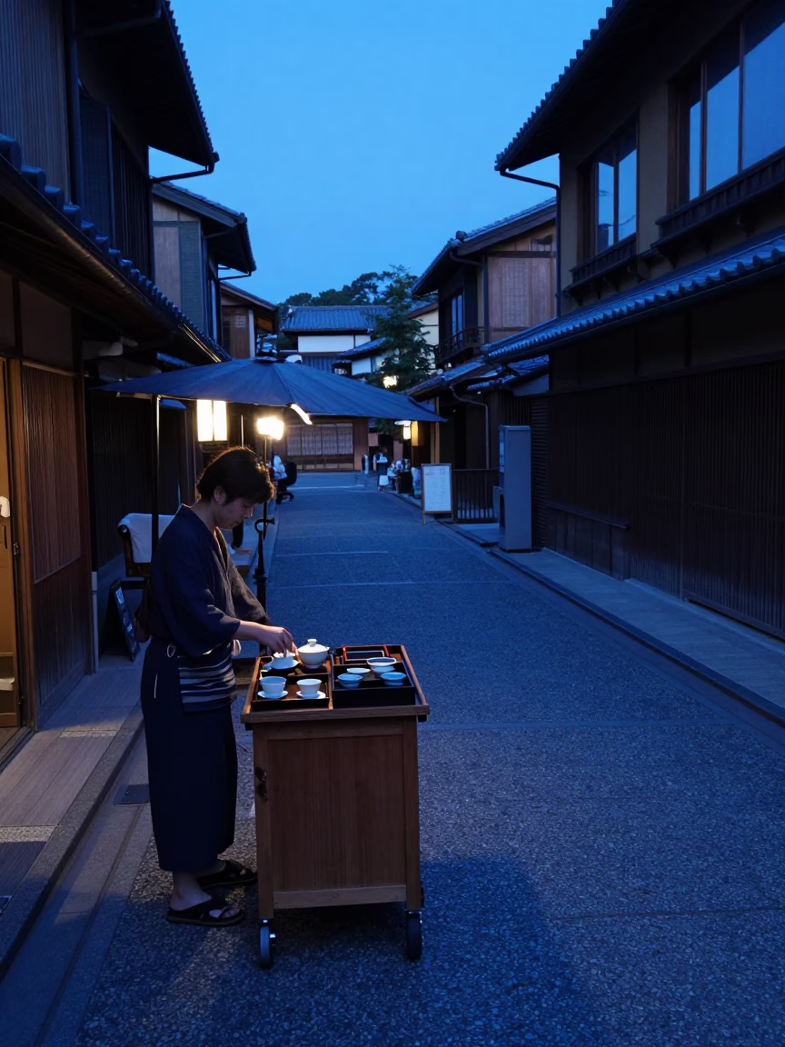 Kyoto Indigo Twilight Street Scene with Traditional Tea Tray and Porcelain Jar in in Kyoto, Japan