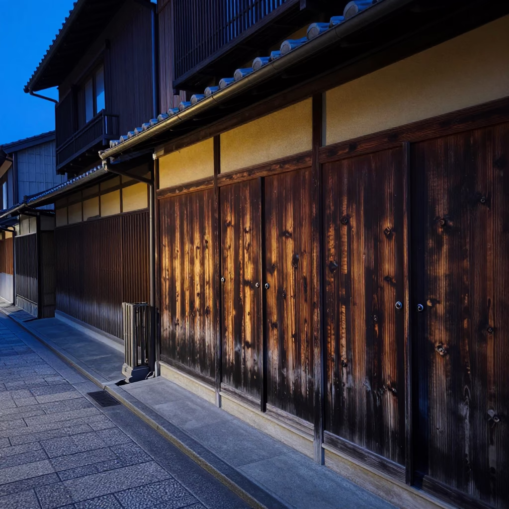 Kyoto Indigo Twilight Street Scene with Wooden Cupboard Doors and Wall Hooks in in Kyoto, Japan