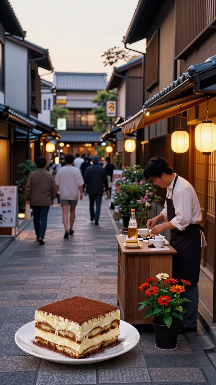 Kyoto Japan 1980s Evening Street Scene with Tiramisu and Zinnias in in Kyoto, Japan