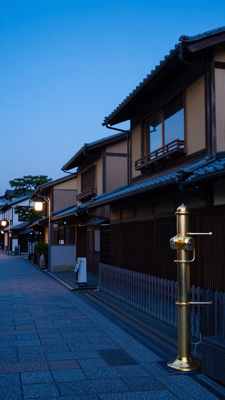 Kyoto Japan Blue Hour Street Scene with Brass Hardware and Traditional Architecture in in Kyoto, Japan