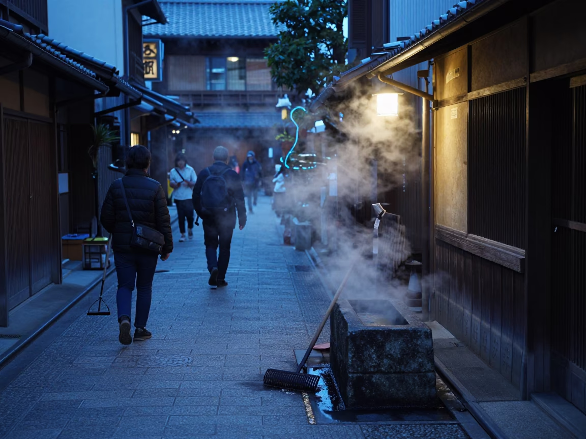 Kyoto Japan Blue Hour Street Scene with Garden Rake and Steam Haze in in Kyoto, Japan