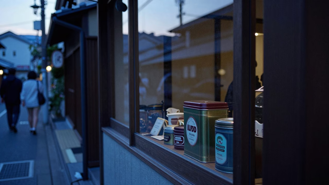 Kyoto Japan Blue Hour Street Scene with Glass Window and Coffee Tin in in Kyoto, Japan