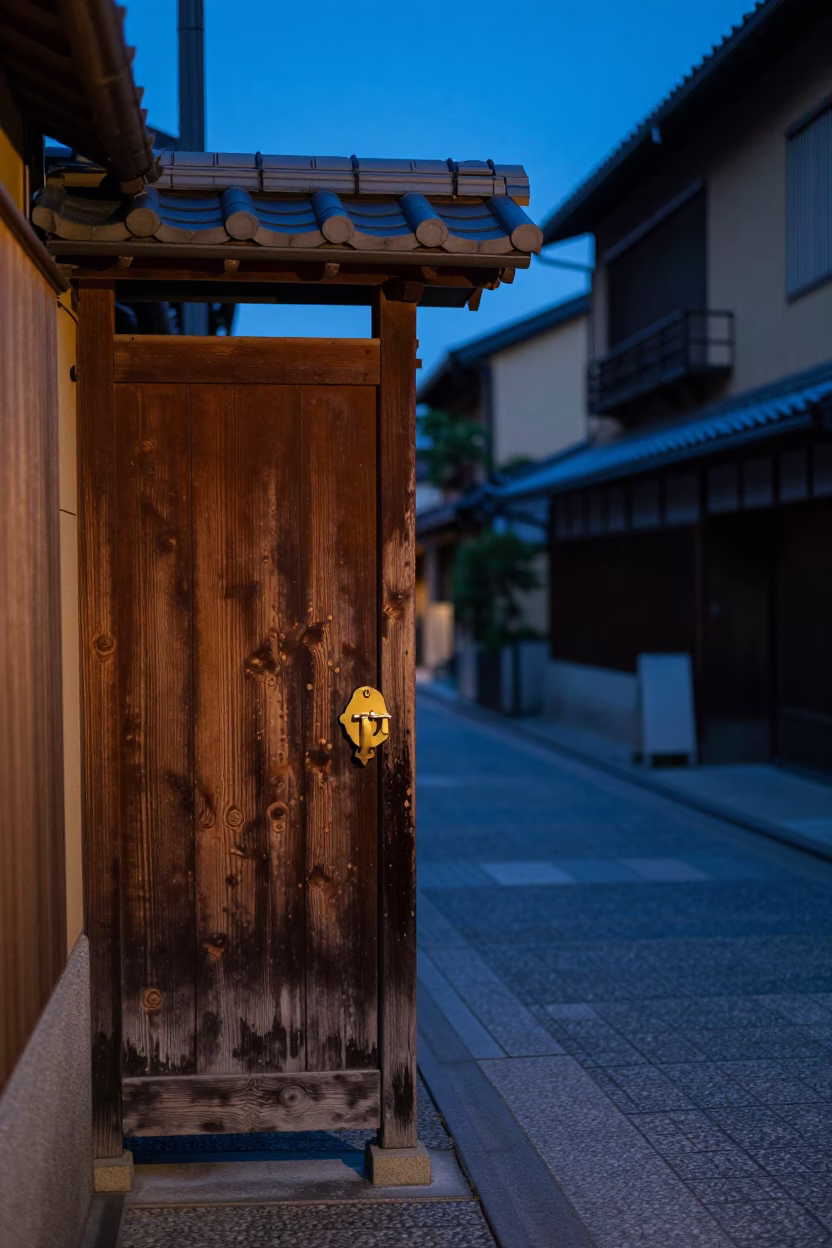Kyoto Japan Blue Hour Street Scene with Latch and Grease Sheen in in Kyoto, Japan