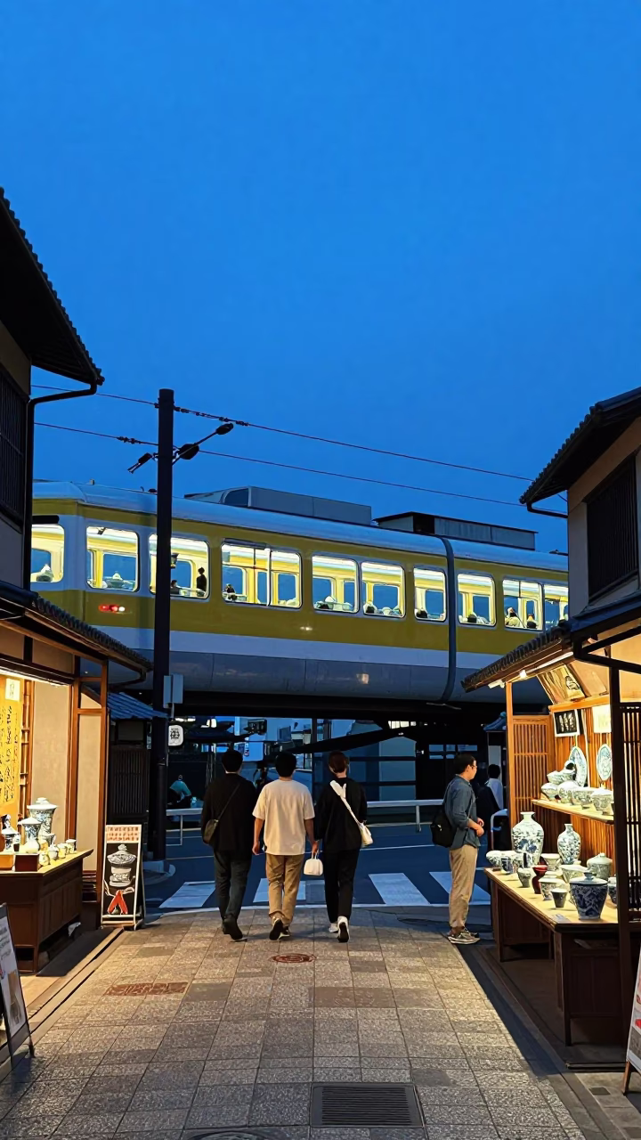 Kyoto Japan Blue Hour Street Scene with Monorail and Traditional Porcelain Display in in Kyoto, Japan