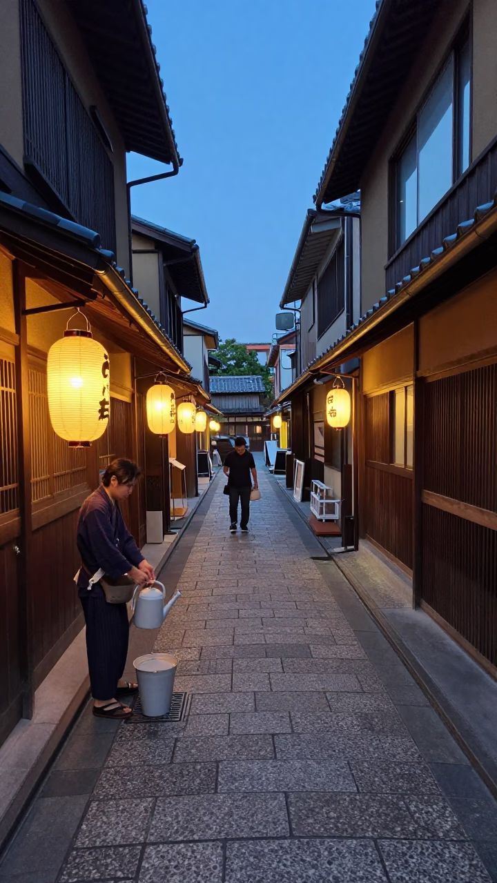 Kyoto Japan Blue Hour Street Scene with Shopkeeper and Watering Jug in in Kyoto, Japan