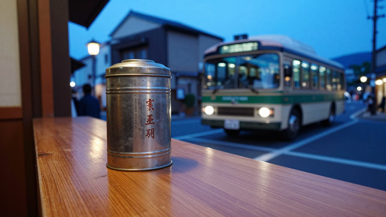 Kyoto Japan Blue Hour Street Scene with Tiffin Tin and Classic Bus in in Kyoto, Japan