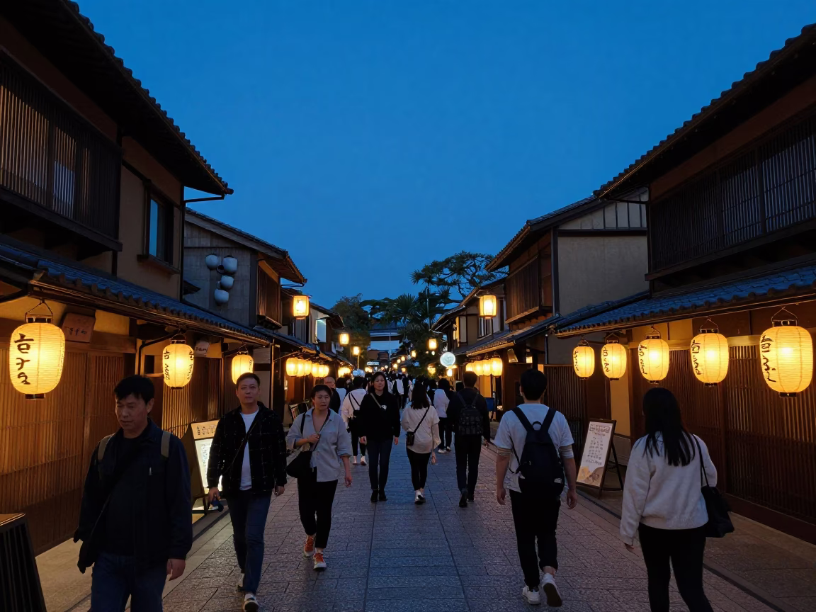 Kyoto Japan Blue Hour Street Scene with Traditional Lanterns and Busy Pedestrians in in Kyoto, Japan