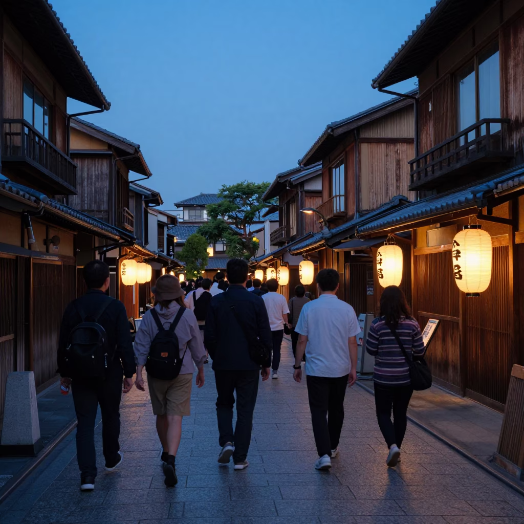 Kyoto Japan Blue Hour Street Scene with Traditional Lanterns and Evening Pedestrians in in Kyoto, Japan