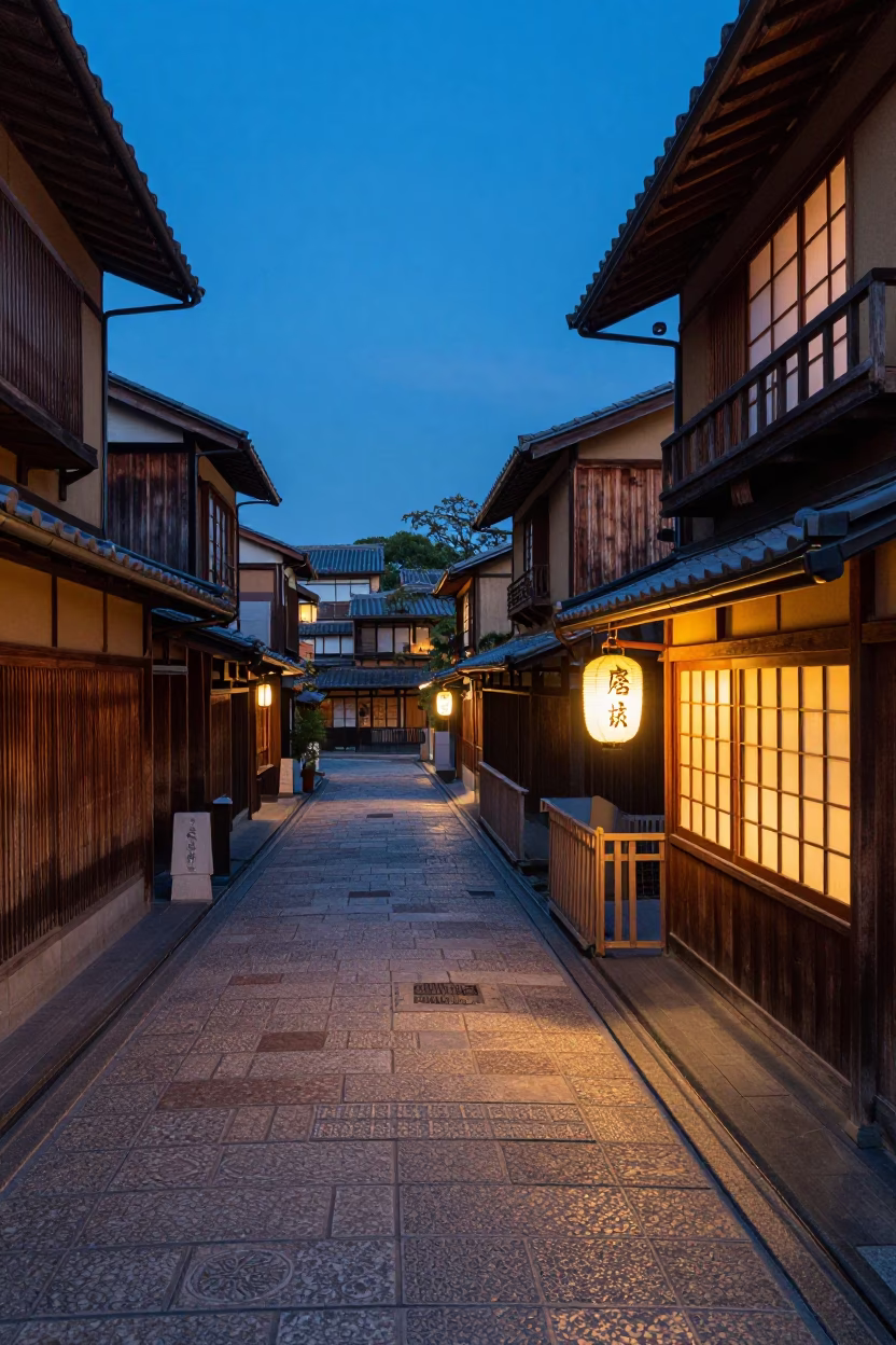 Kyoto Japan blue hour street scene with traditional wooden architecture and lantern light in in Kyoto, Japan