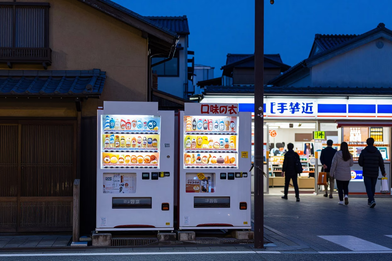 Kyoto Japan Blue Hour Street Scene with Vending Machine and Pastries in in Kyoto, Japan
