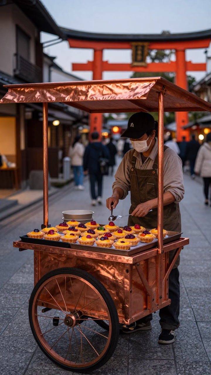 Kyoto Japan Copper Dusk Street Scene with Fruit Tarts and Vintage Bicycle in in Kyoto, Japan