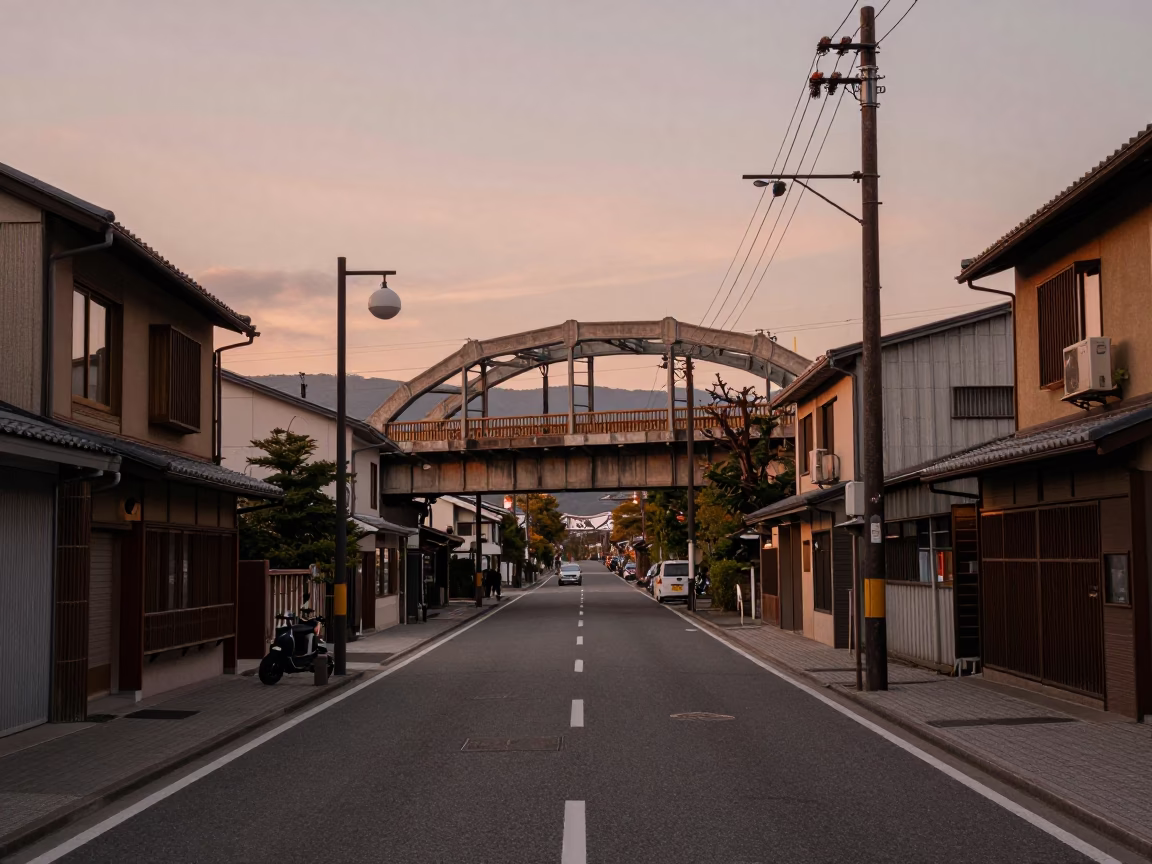 Kyoto Japan Copper Dusk Street Scene with Railway Viaduct and Traditional Architecture in in Kyoto, Japan