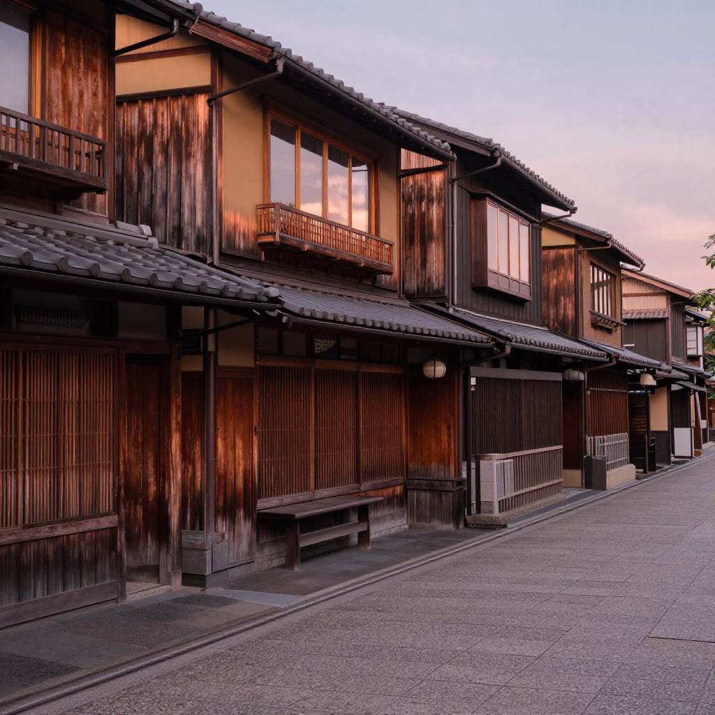 Kyoto Japan Copper Dusk Street Scene with Wooden Architecture and Traditional Details in in Kyoto, Japan