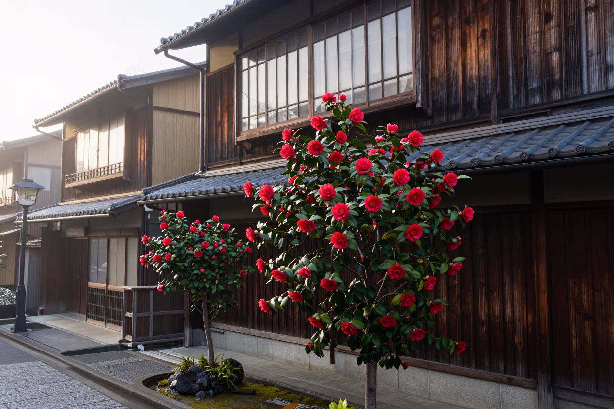 Kyoto Japan Dawn Camellia Shrub Red Flowers Traditional Wooden Architecture Street Scene in in Kyoto, Japan