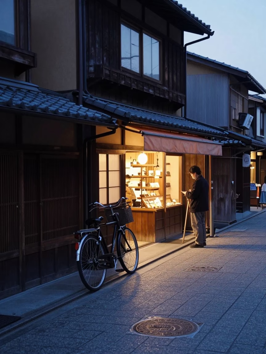 Kyoto Japan Dawn Street Scene with Bicycle and Bakery Shopkeeper Early Morning Activity in in Kyoto, Japan