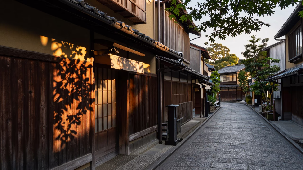 Kyoto Japan Dawn Street Scene with Leaf Shadows and Spirit Level on Stone in in Kyoto, Japan