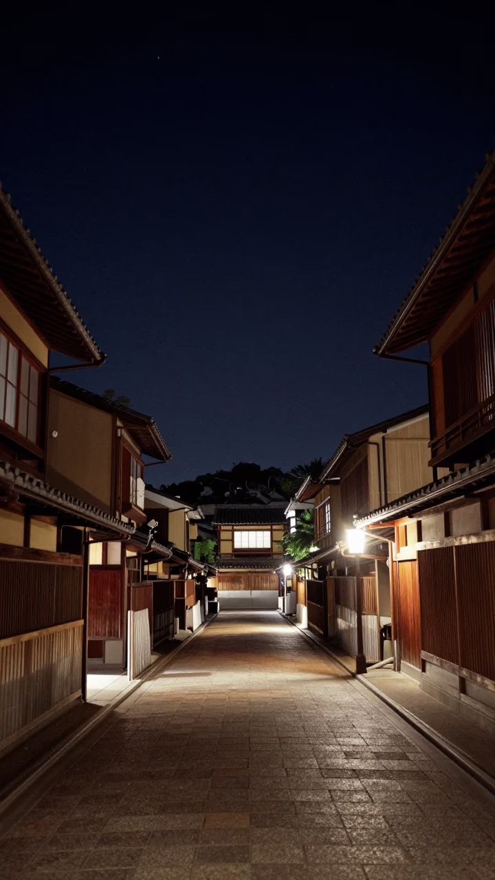 Kyoto Japan Deep Night Sky Street Scene with Traditional Wooden Gate and Incense Holder in in Kyoto, Japan