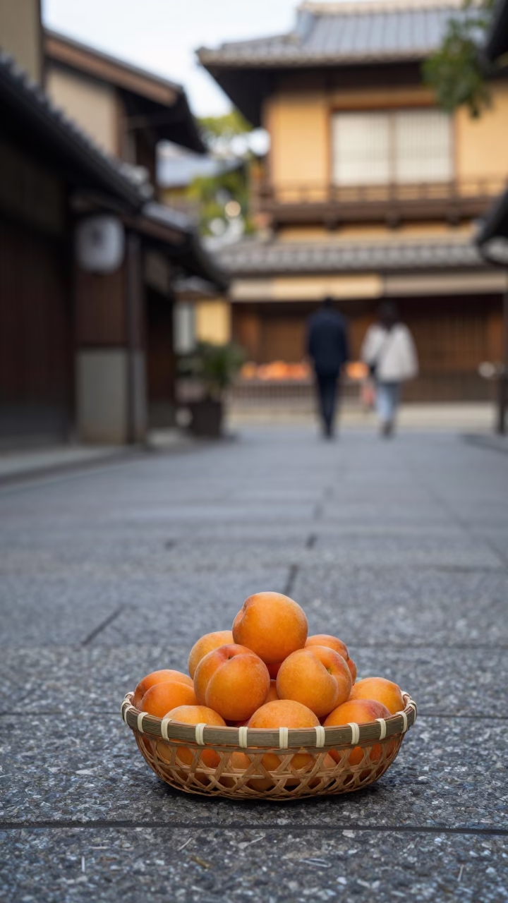Kyoto Japan Early Afternoon Street Scene with Nectarines and Traditional Architecture in in Kyoto, Japan
