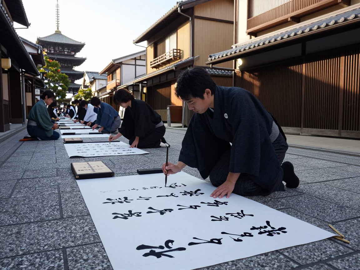 Kyoto Japan Early Afternoon Street Scene with Traditional Calligraphy Demonstration in in Kyoto, Japan