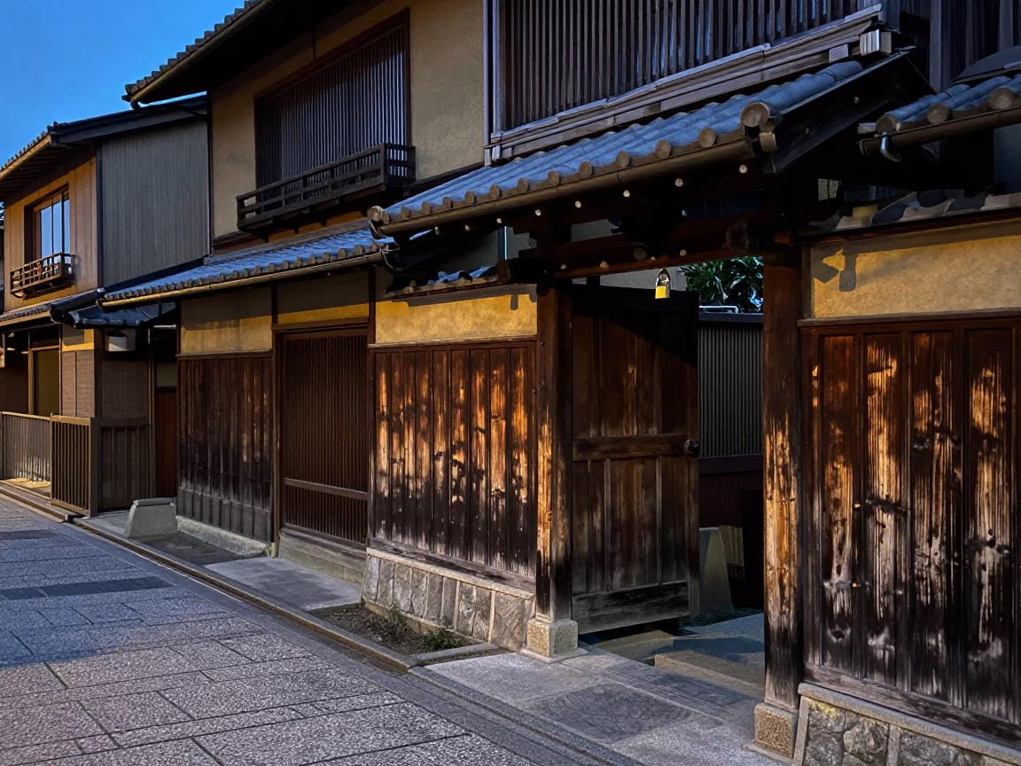 Kyoto Japan Early Evening Street Scene with Padlock on Traditional Gate and Zinnias Blooming in in Kyoto, Japan