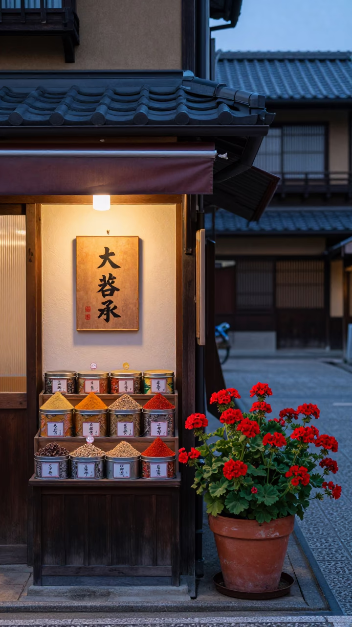 Kyoto Japan Early Evening Street Scene with Spice Tins and Geraniums in in Kyoto, Japan