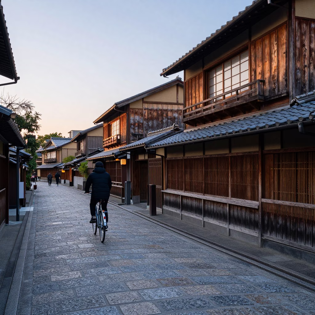 Kyoto Japan Early Evening Street Scene with Traditional Architecture and Local Life in in Kyoto, Japan