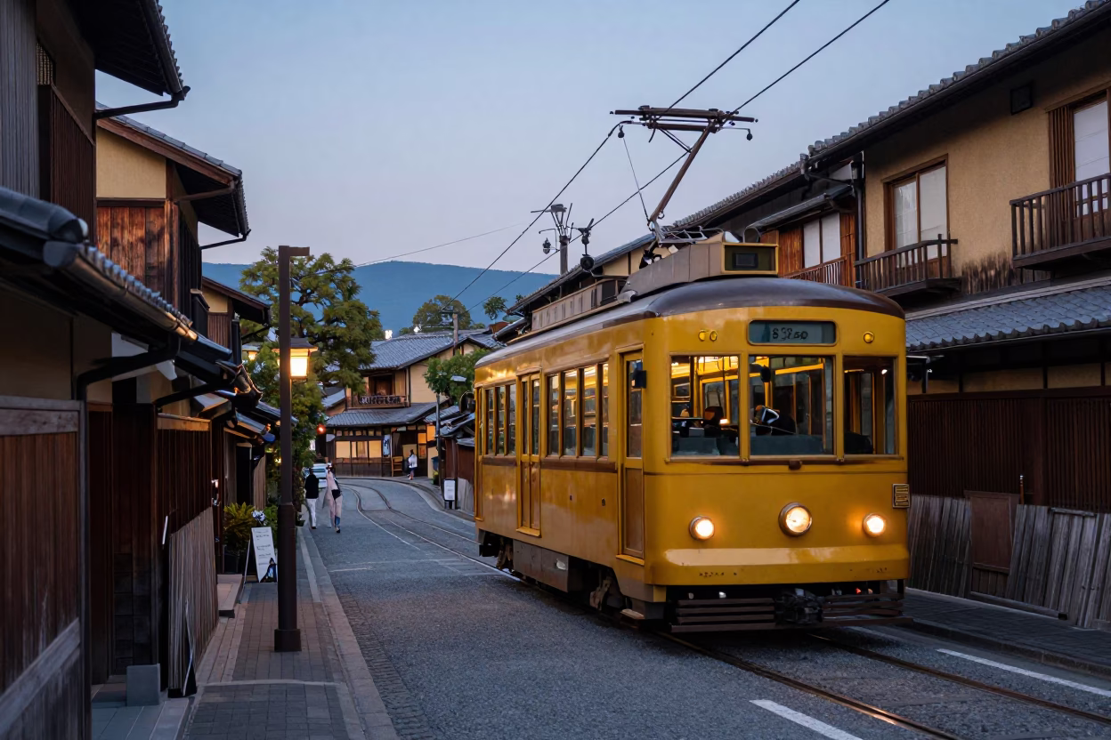 Kyoto Japan Early Evening Street Scene with Vintage Tram and Local Life in in Kyoto, Japan