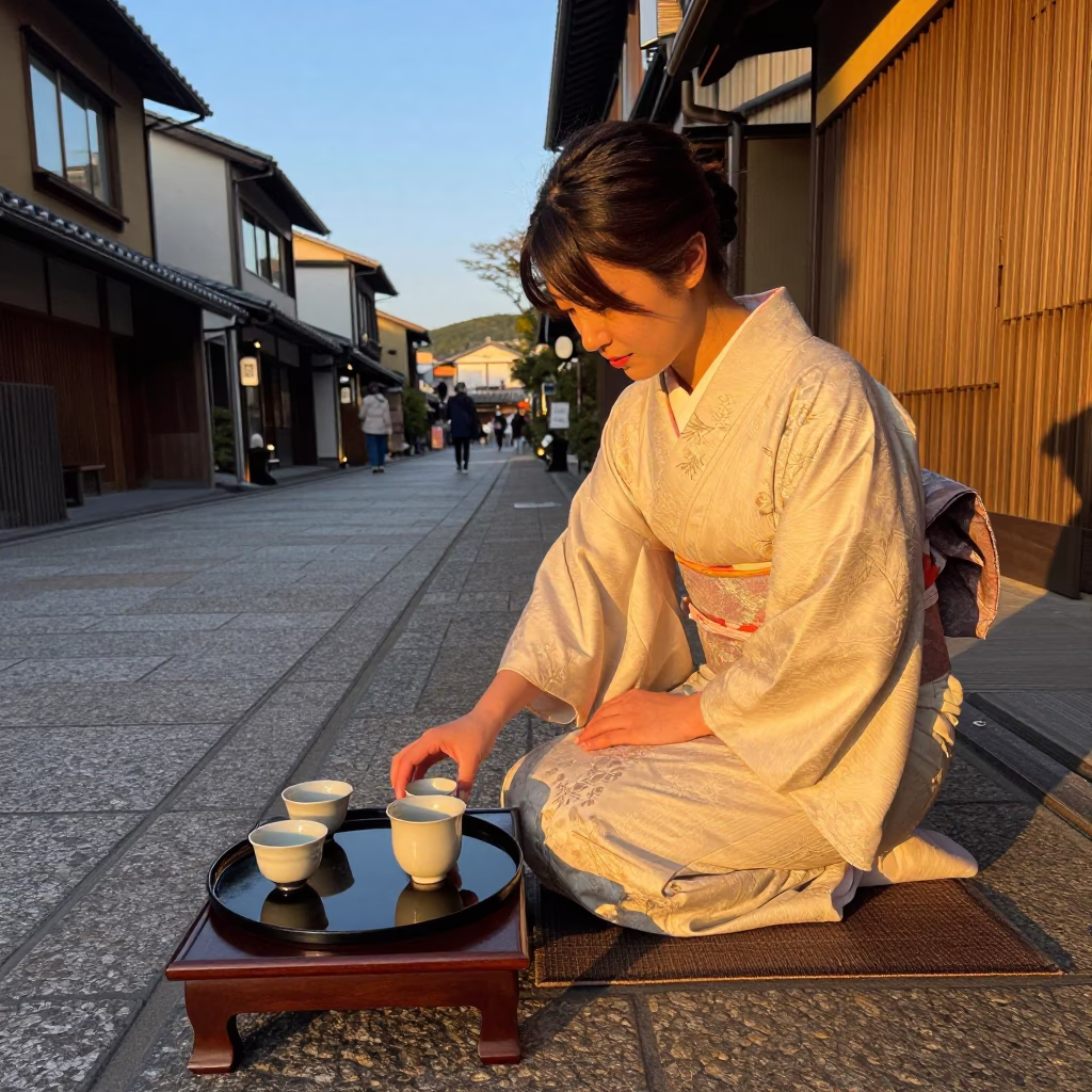 Kyoto Japan evening light street scene with tea tray and ginkgo tree in in Kyoto, Japan