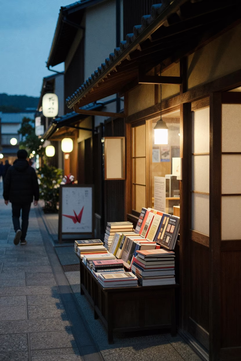 Kyoto Japan Evening Street Scene with Books and Origami Crane in in Kyoto, Japan