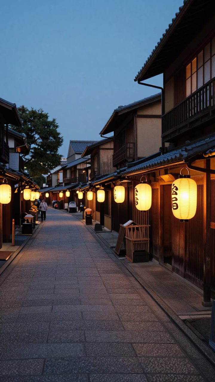 Kyoto Japan evening street scene with glowing lanterns and traditional wooden architecture in in Kyoto, Japan