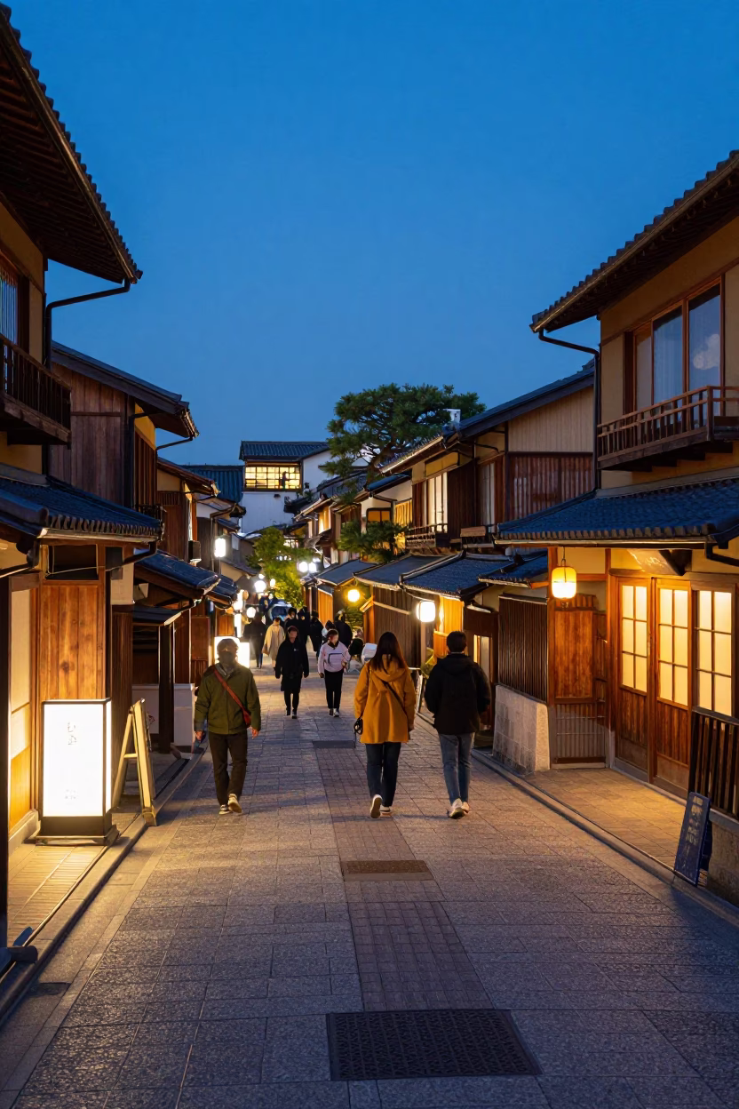 Kyoto Japan evening street scene with glowing lights and traditional architecture in in Kyoto, Japan