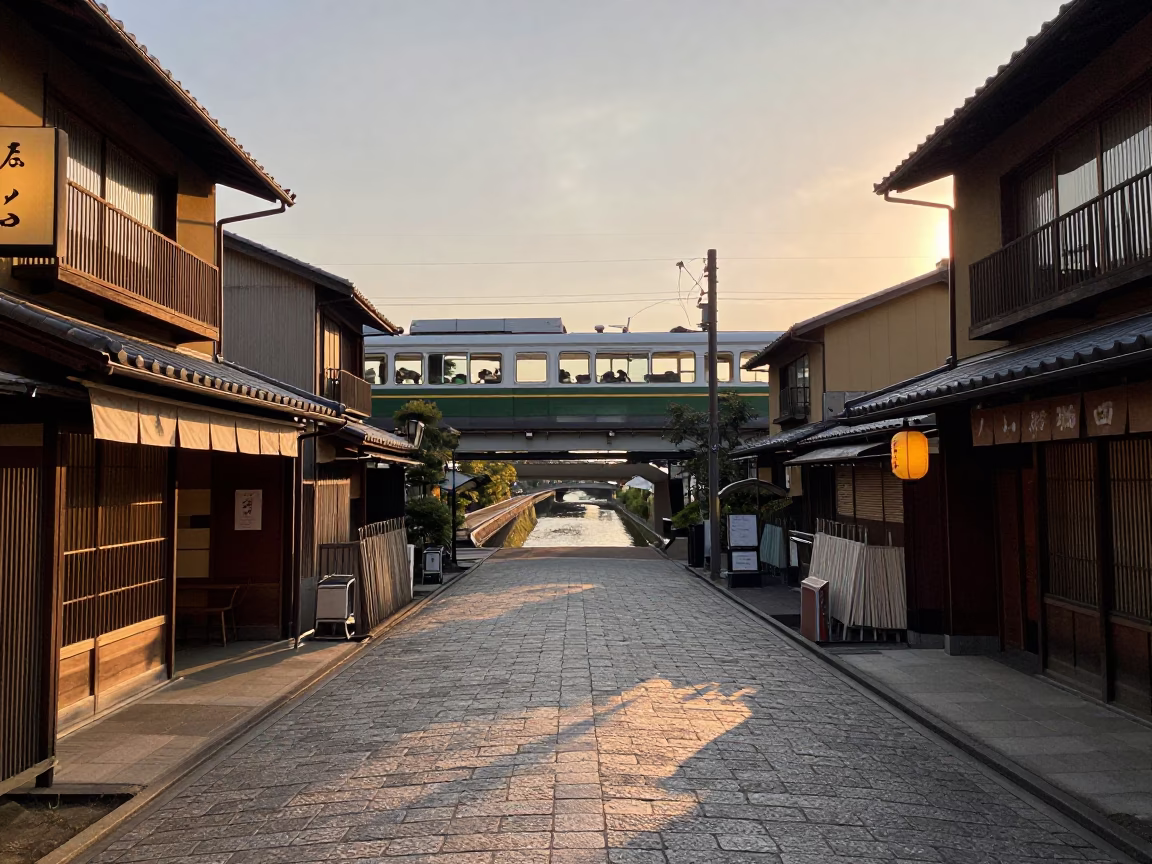 Kyoto Japan Evening Street Scene with Monorail and Traditional Shop Fronts in Honeyed Light in in Kyoto, Japan