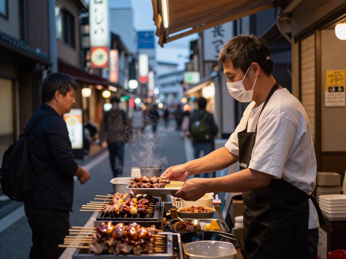 Kyoto Japan Evening Street Scene with Suya Skewers and Urban Lights in in Kyoto, Japan