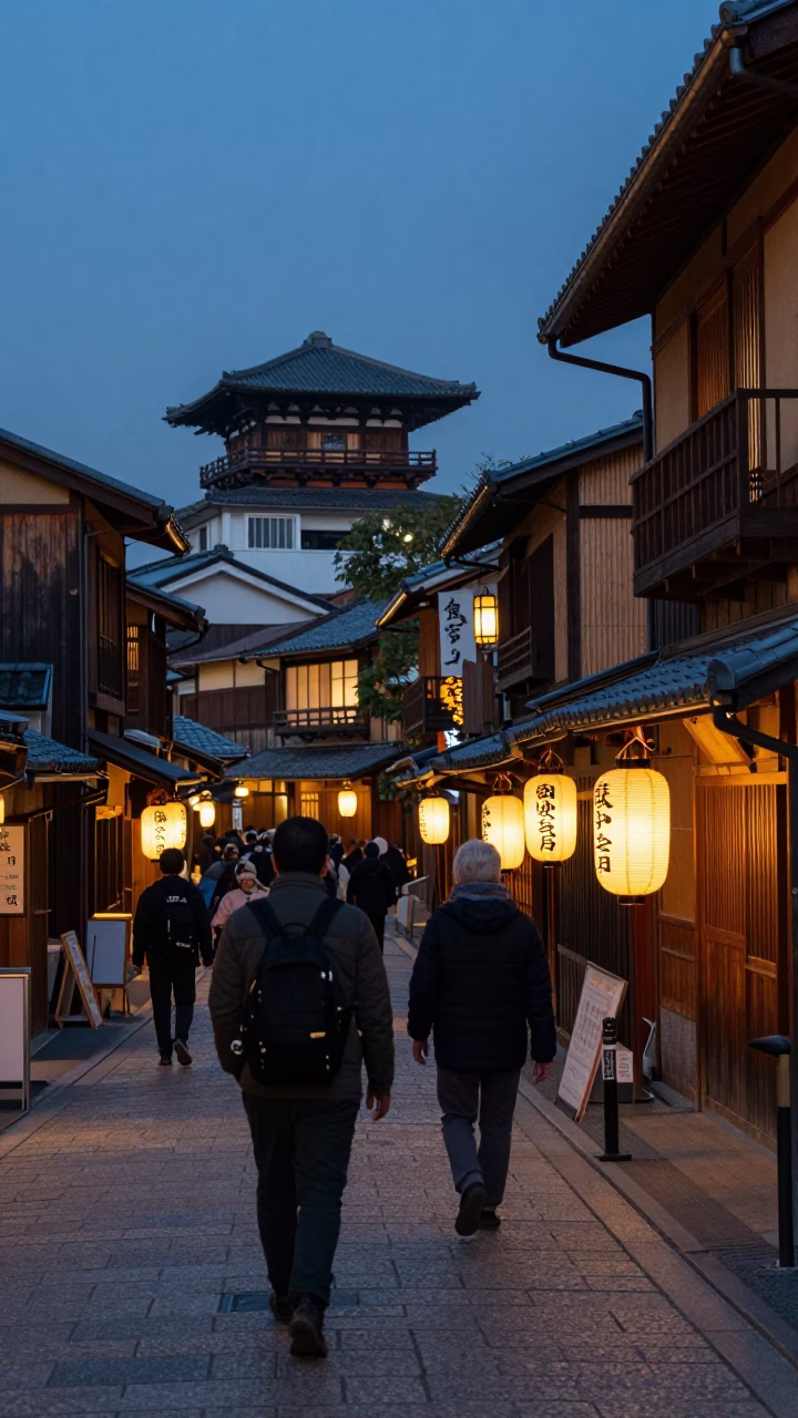 Kyoto Japan Evening Street Scene with Traditional Lanterns and City Lights Glow in in Kyoto, Japan