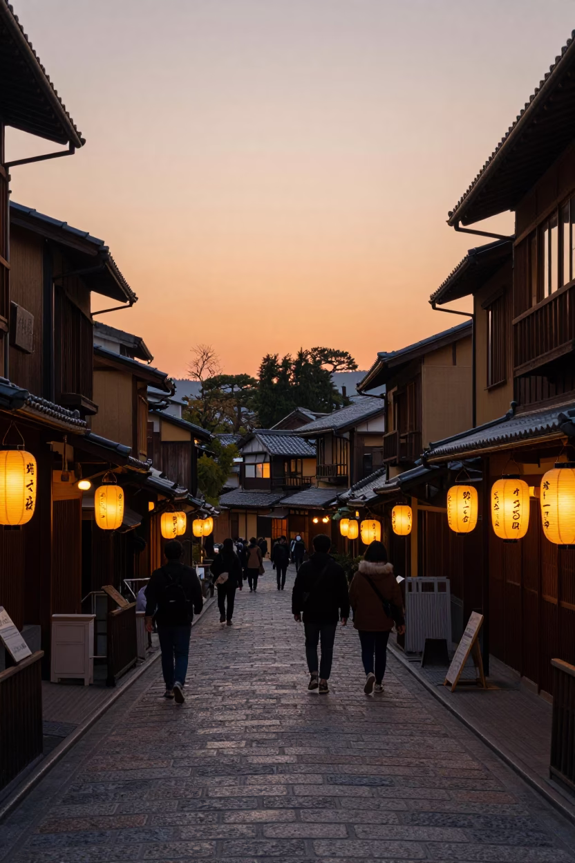 Kyoto Japan Evening Street Scene with Traditional Lanterns and Pedestrians at Sunset in in Kyoto, Japan