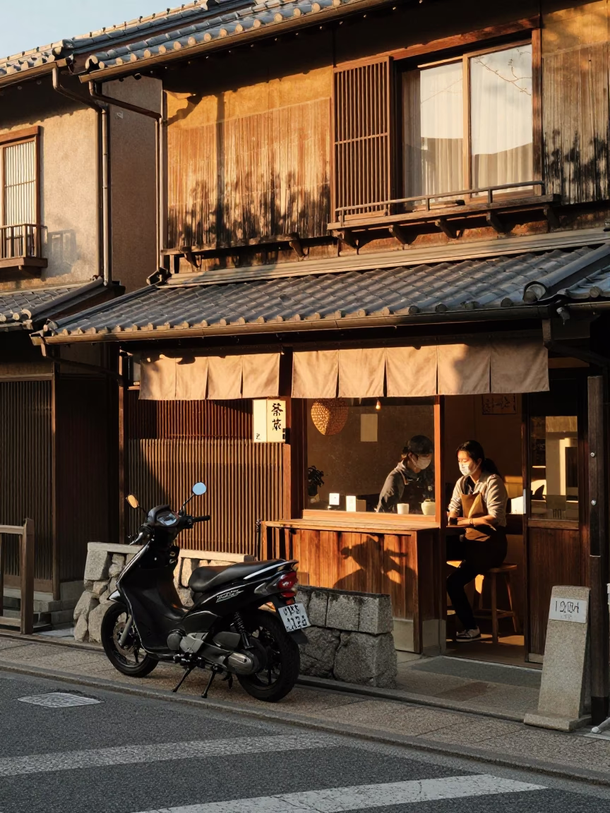 Kyoto Japan Evening Street Scene with Traditional Tea Shop and Urban Details in in Kyoto, Japan
