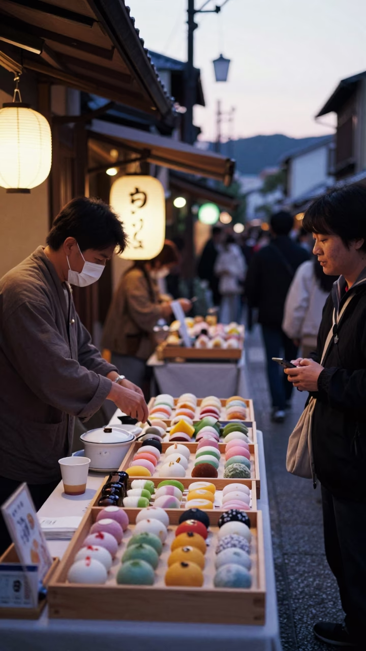 Kyoto Japan Evening Street Scene with Traditional Wagashi Sweets and Ceramic Jars in in Kyoto, Japan