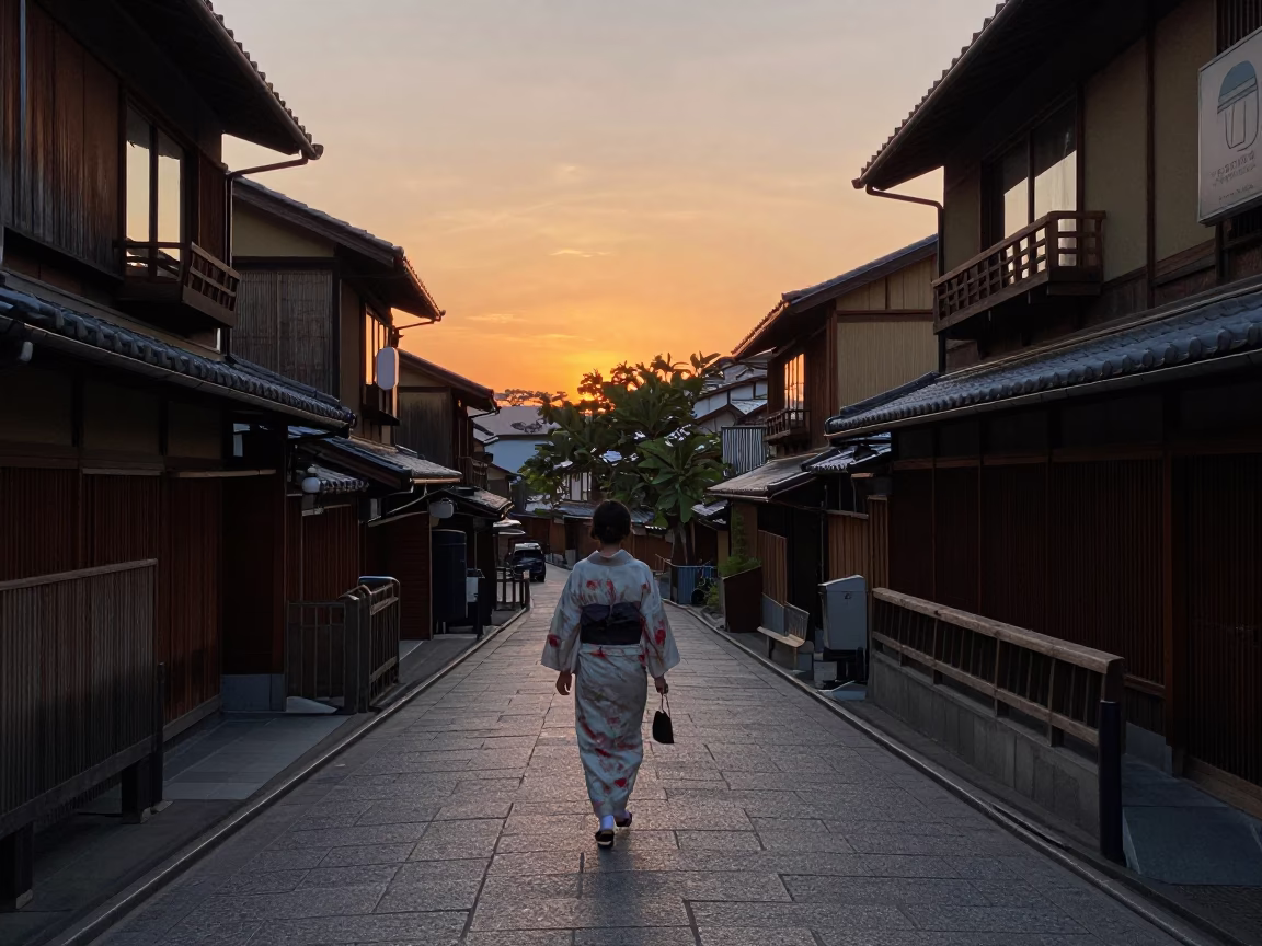 Kyoto Japan evening street scene with traditional wooden architecture and pedestrians in in Kyoto, Japan