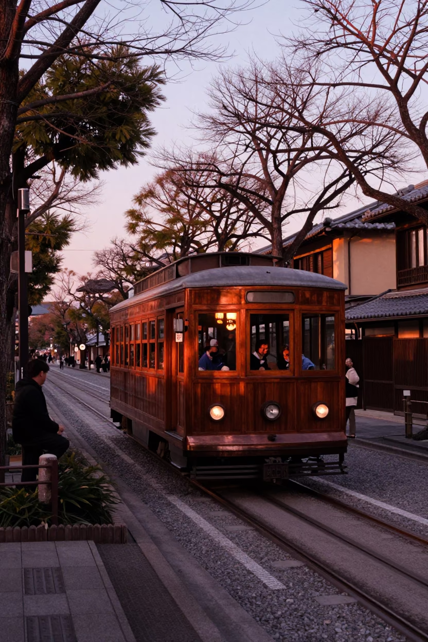 Kyoto Japan Evening Street Scene with Vintage Trolley and Traditional Architecture in in Kyoto, Japan