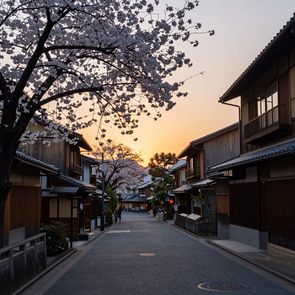 Kyoto Japan Evening Street Scene with White Cherry Blossoms and Traditional Architecture in in Kyoto, Japan