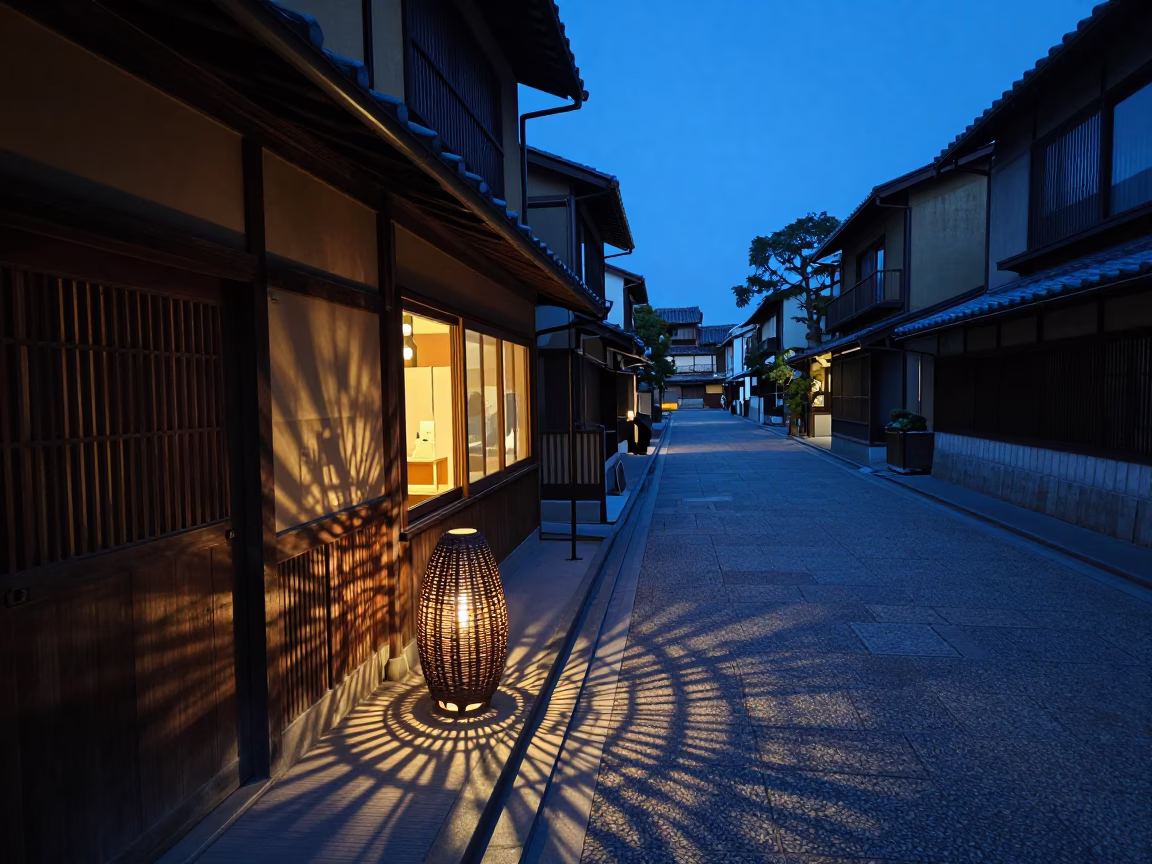 Kyoto Japan Evening Street Scene with Wicker Lamp Shadows and Local Life in in Kyoto, Japan