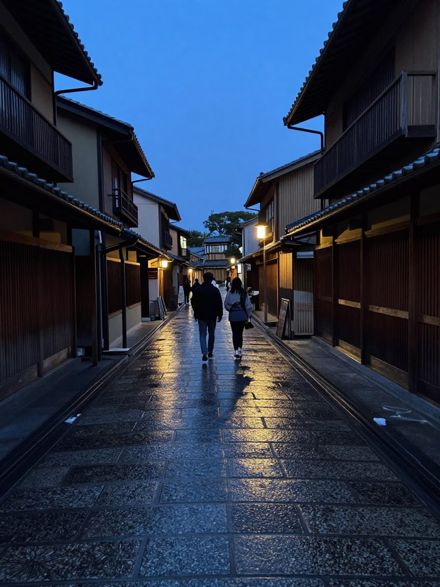 Kyoto Japan Evening Street Scene with Wicker Shadows and Traditional Tea Stains in in Kyoto, Japan