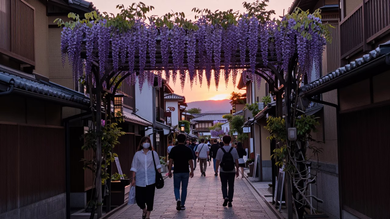 Kyoto Japan Evening Street Scene with Wisteria Tunnel and Local Diners at Dusk in in Kyoto, Japan