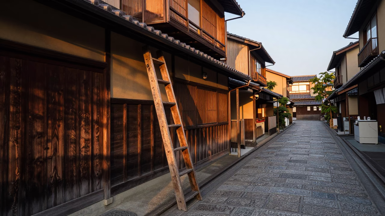 Kyoto Japan Evening Street Scene with Wooden Ladder and Kitchen Utensils in Honeyed Light in in Kyoto, Japan
