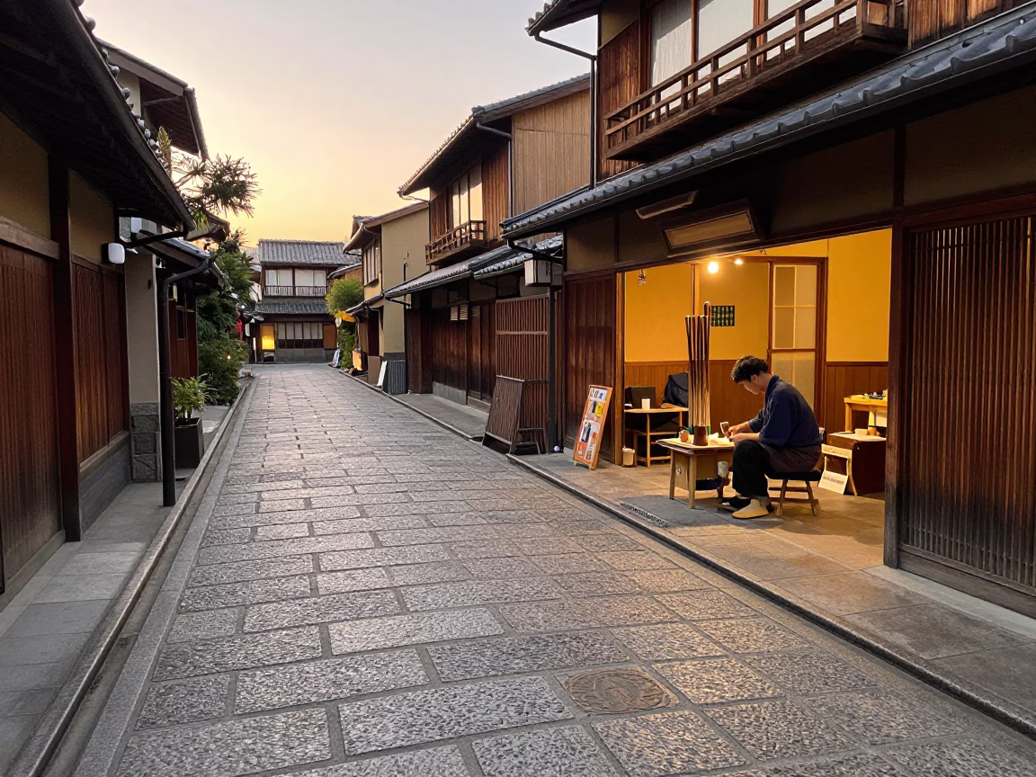 Kyoto Japan Evening Street Scene with Writing Brushes and Local Craftsmanship in in Kyoto, Japan