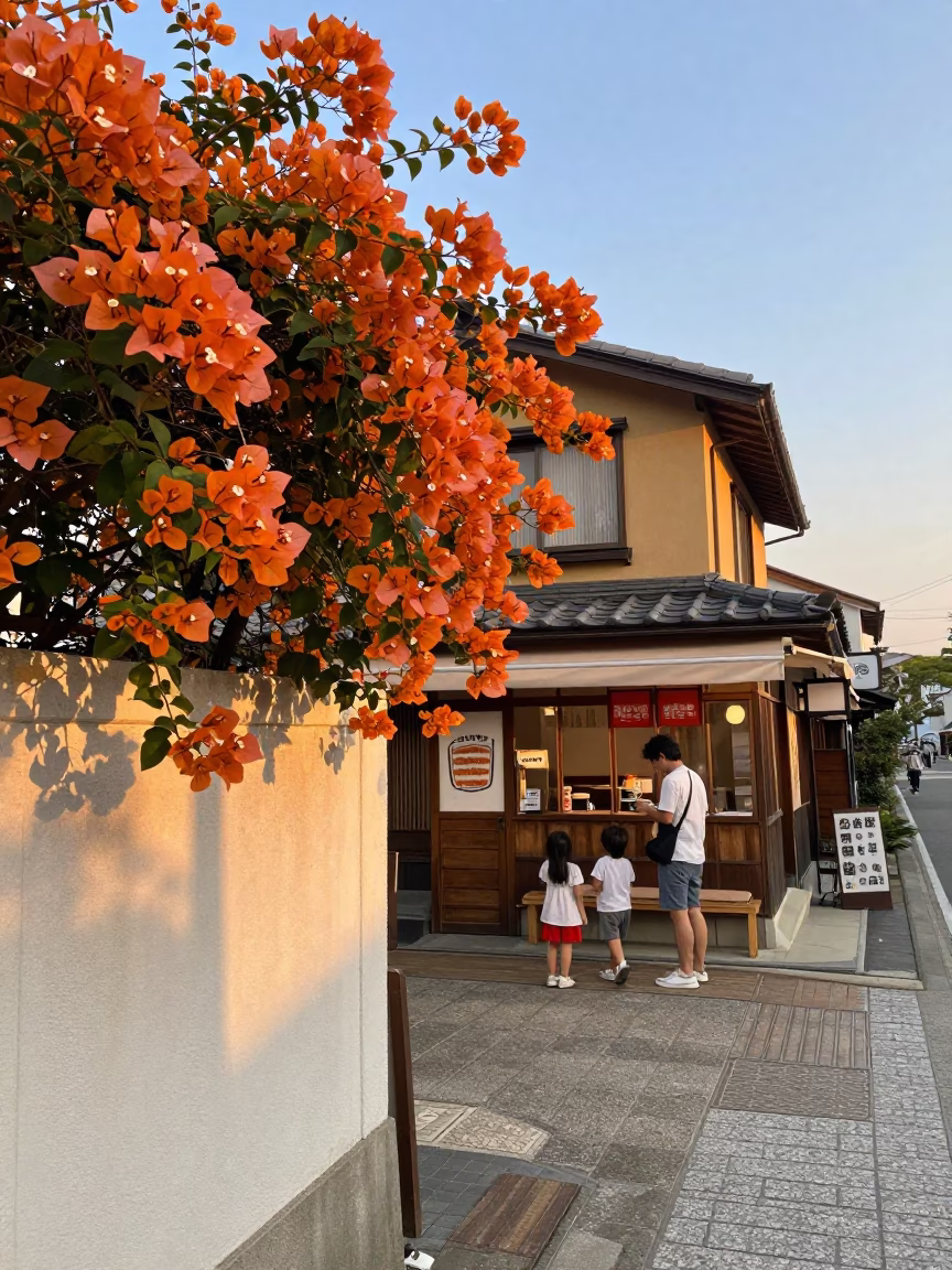 Kyoto Japan Golden Hour Street Scene with Bougainvillea and Tonkatsu Diner in in Kyoto, Japan