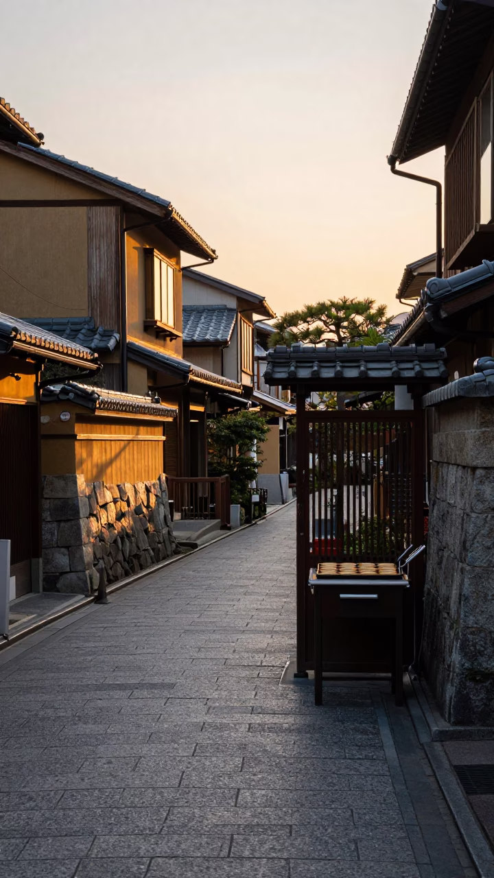 Kyoto Japan Golden Hour Street Scene with Garden Gate and Takoyaki Grill in in Kyoto, Japan