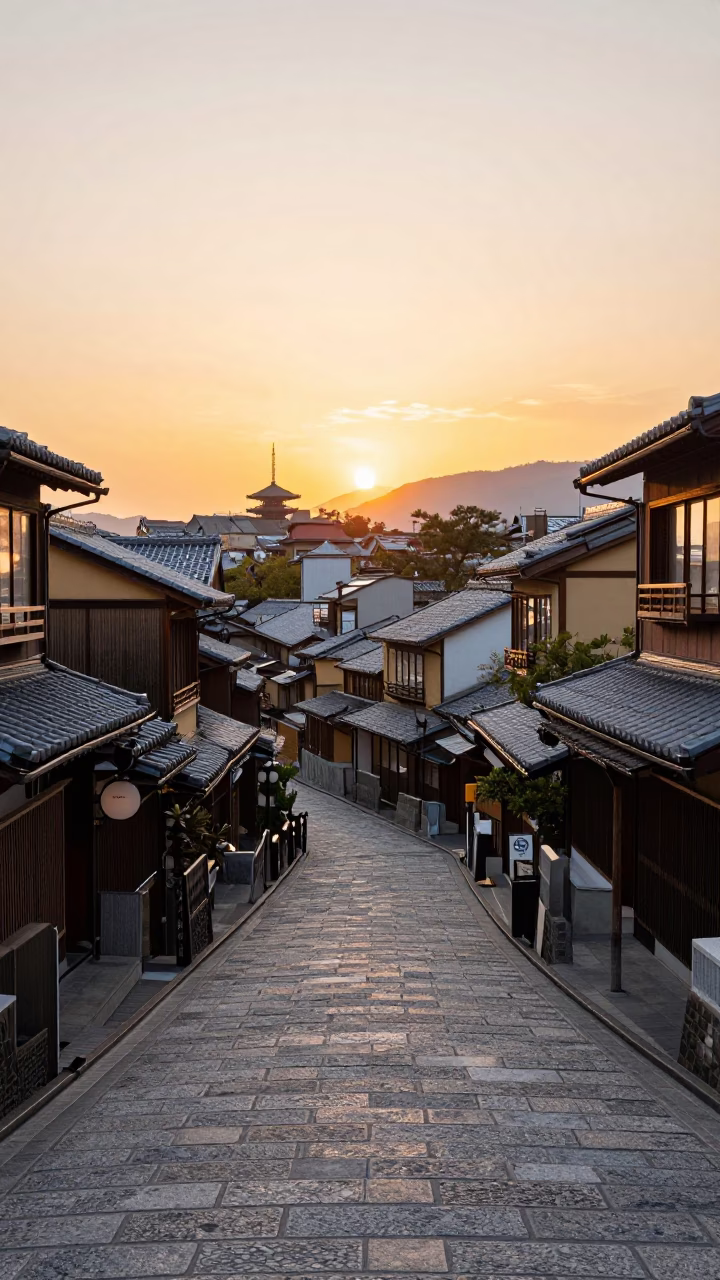 Kyoto Japan Golden Hour Street Scene with Traditional Architecture and Daily Life in in Kyoto, Japan